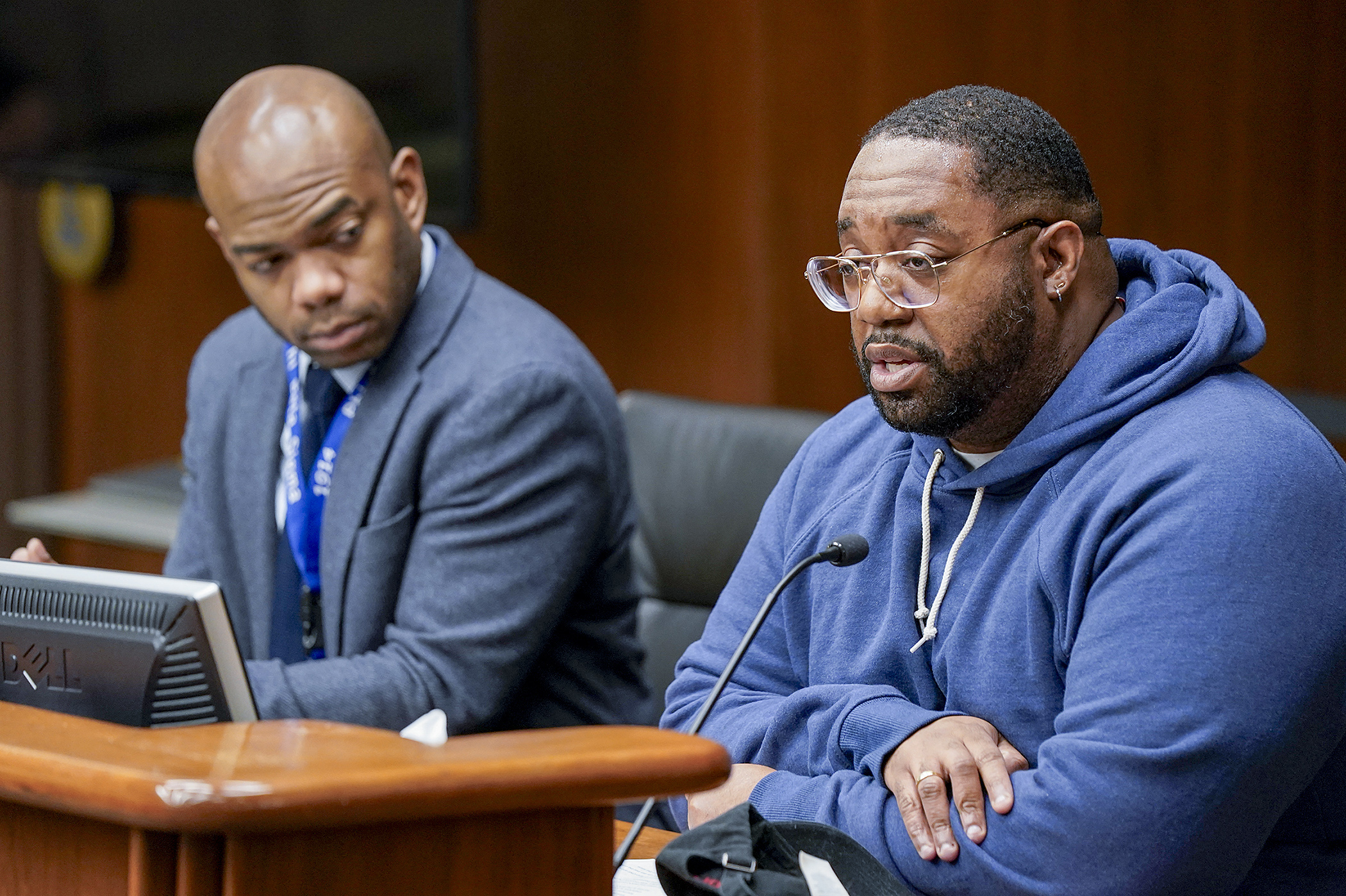 Karlton Laster, director of policy and organizing at OutFront Minnesota, testifies for a bill that would prohibit libraries from banning, removing or restricting access to books and materials based on their viewpoint and message. (Photo by Michele Jokinen)